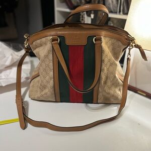 Gucci Beige and Brown Tote with Red and Green Stripe